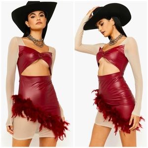 NWT Vegan Leather Dress Mesh Sleeves Skirt Feather Trim Cut Out Festival Cowgirl